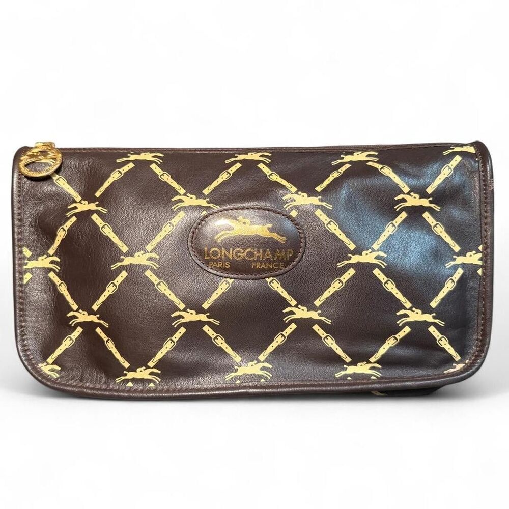 Vintage Longchamp Paris Equestrian Horse Chain Print Leather Crossbody Brown